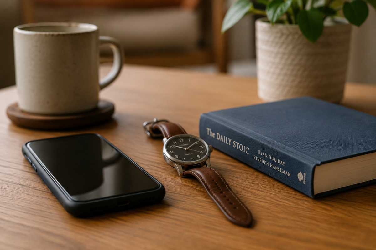 Smartphone next to an analog watch and book on a table, symbolizing being more present and reducing digital distractions